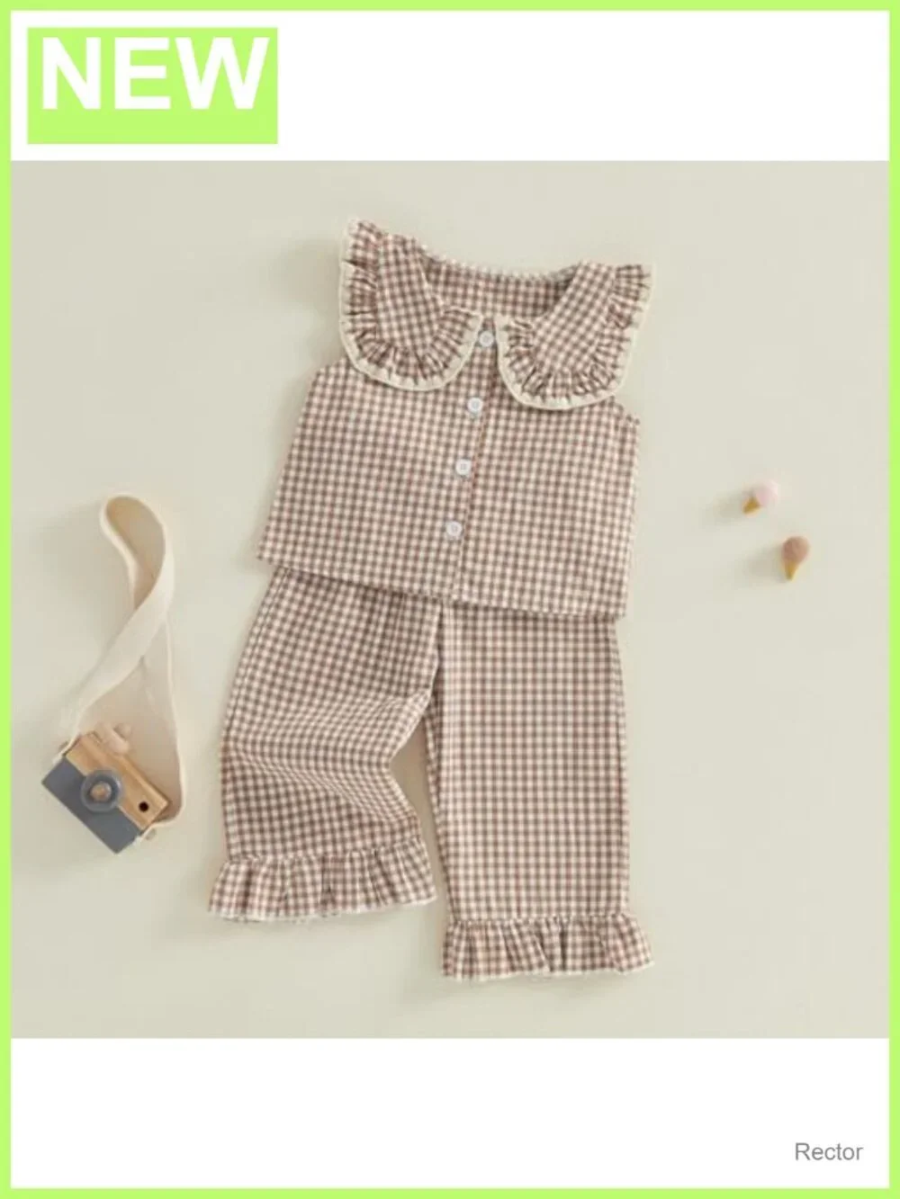 2pc Toddler Girls Ruffle Sleeve Button Up Dress Top Plaid Pants Set